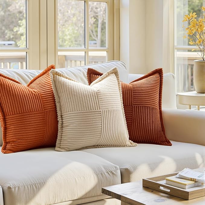 MIULEE Fall Rust Decorative Throw Pillow Covers for Couch 18x18 Inch | 2 Pack, Terracotta Boho Broadside Striped Patchwork Pillow Covers, Soft Corduroy Cushion Cases, For Sofa Bed Livingroom