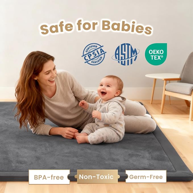 ACOMOPACK Baby Play Mat for Floor 1.3" Thick Memory Foam Play Mat 79"×157" Tummy Time Crawling with Non-slip Bottom for Living Room,Nursery,Soft Velvet Playpen Mats for Kids,Infants（Dark Grey）