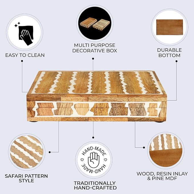 Handicrafts Home White Decorative Storage Box with Lid Wooden Desk Organizer Box Office Storage Box for Workspace Desk Decor Organizer – Resin Inlay Kept Safari Collection - 6x8x1.5