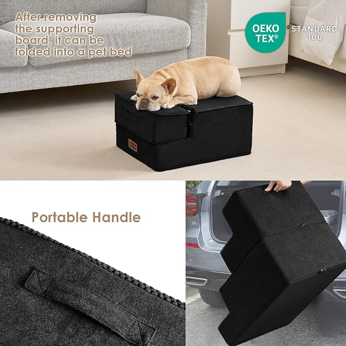 EHEYCIGA Dog Stairs for Small Dogs 13.5" H, 3-Step Extra Wide Dog Steps for Couch Sofa and Chair, Pet Steps for Medium Cats, Non-Slip Balanced Pet Ramp Indoor, Black