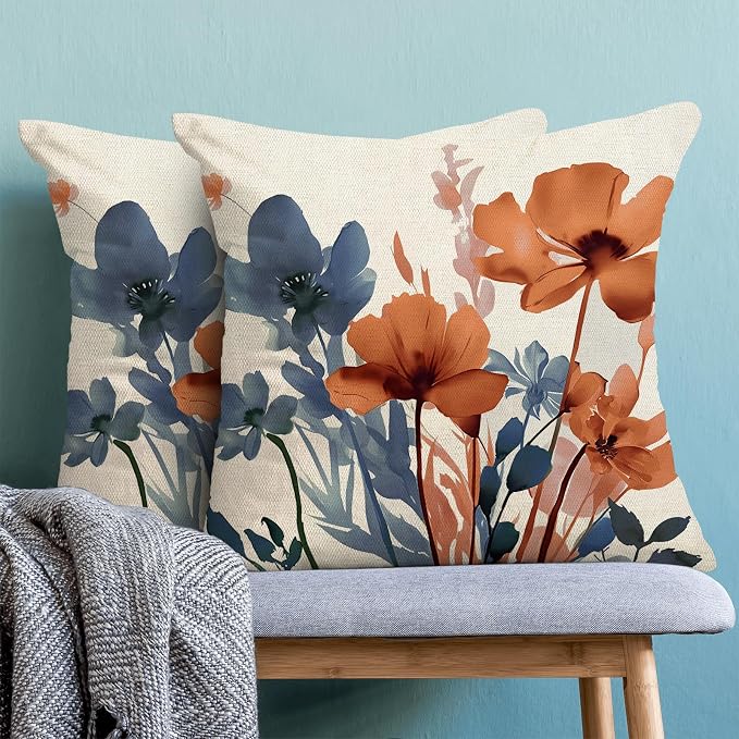 Fall Blue Orange Floral Throw Pillow Covers 18x18 Inches Set of 2 | Spring Summer Flower Pillow Covers Outdoor Rustic Decor Pillowcase Farmhouse Decorative Cushion Cover For Home Sofa