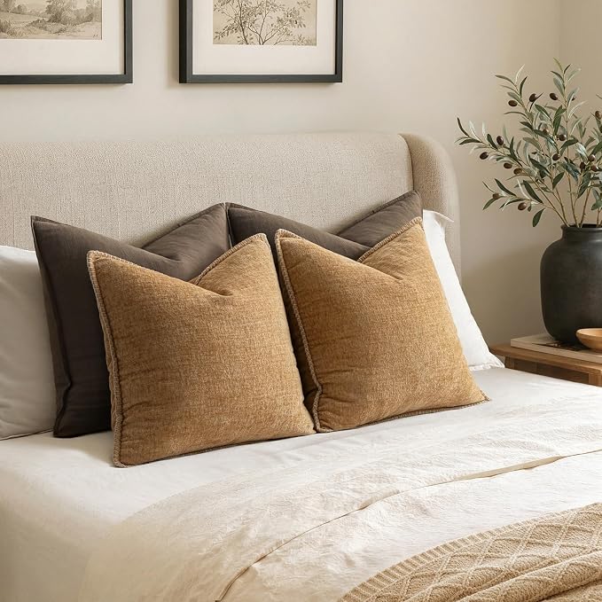 MIULEE Decorative Couch Throw Pillow Covers 20x20 Inch Apricot Brown 2 Pack | Farmhouse Pillow Covers with Stitched Edge, Soft Chenille Cushion Cases, for Sofa Bed Living Room Home Decor