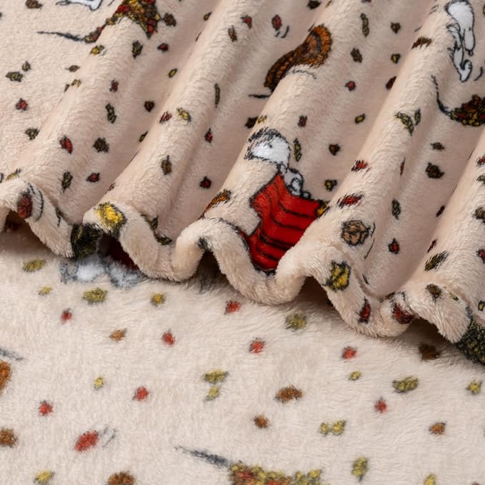 Berkshire Blanket Peanuts® VelvetLoft® Cute Character Snoopy Plush Oversized Throw Blanket, Peanuts Snoopy and Woodstock Harvest Combo Linen (50in x 60in)