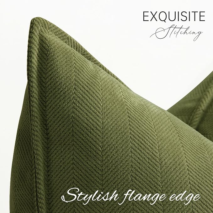 Olive Green Pillow Covers 18x18 Set of 2 Chenille Throw Pillow Covers with Elegant Design Soft and Luxurious Decorative Throw Pillows for Couch, Bed, and Home Decor