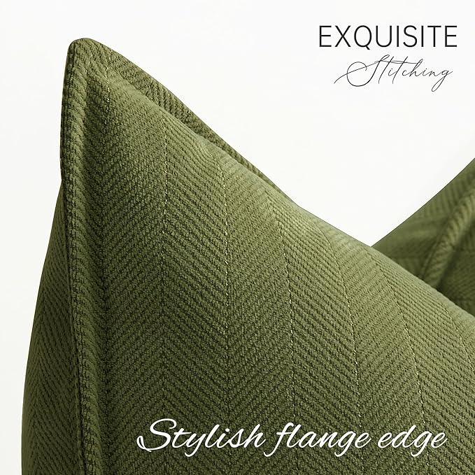 Olive Green Pillow Covers 12x20 Set of 2 Chenille Throw Pillow Covers with Elegant Design Soft and Luxurious Decorative Throw Pillows for Couch, Bed, and Home Decor