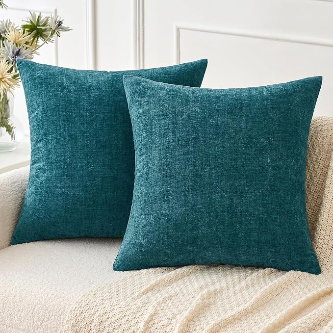 MIULEE Soft Chenille Throw Pillow Covers Dark Teal 16x16 Inch Pack of 2 | Modern Coastal Home Decor, Classic Decorative Pillows, Solid Dyed Cases, Boho Couch Cushion Covers for Sofa Bed Living Room