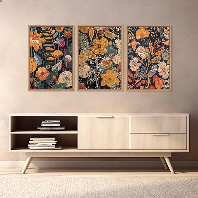 FWIEXA Burnt Orange Floral Framed Wall Art Set of 3, Large Mid Century Modern Flower Canvas Wall Prints, Boho Botanical Wall Decor, 24x36 Inches Neutral Plant Painting for Living Room, Bedroom, Office