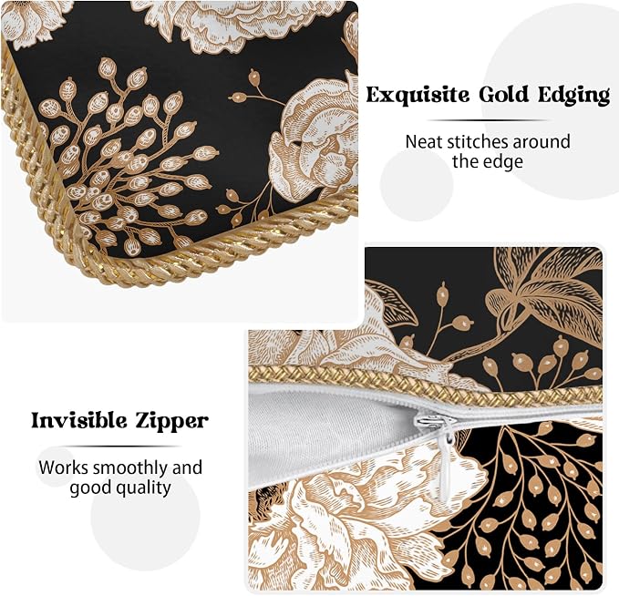KSLIDS Vintage Peony Roses Floral Soft Velvet Throw Pillow Covers Set of 2 White Roses Flower Bloom Leaves Decorative Pillow Covers 20x20 Inch Black Gold Cream Pillow Case for Sofa Couch Home Decor