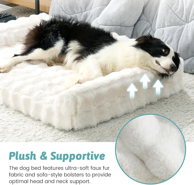 COZY KISS Faux Rabbit Fur Orthopedic Dog Bed, Large Dog Bed, Supportive Foam Pet Sofa with Waterproof Lining Cover, Washable U-Shaped Pet Couch with Anti-Slip Bottom Design, Beige XL 42x30x7 inch