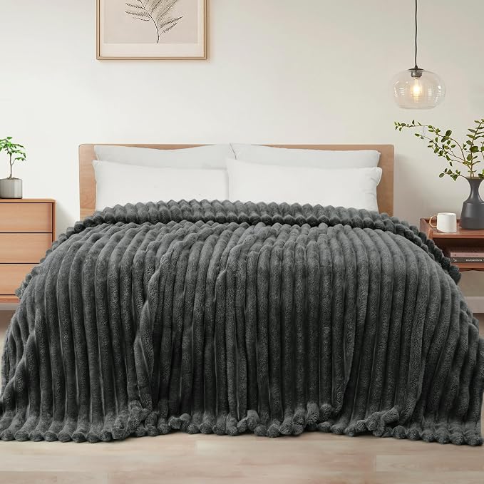 Exclusivo Mezcla Striped California King Size Fleece Blanket for Bed | Soft Breathable Cozy Bed Blankets, Lightweight Plush Fluffy Fuzzy Jacquard Decorative Blankets