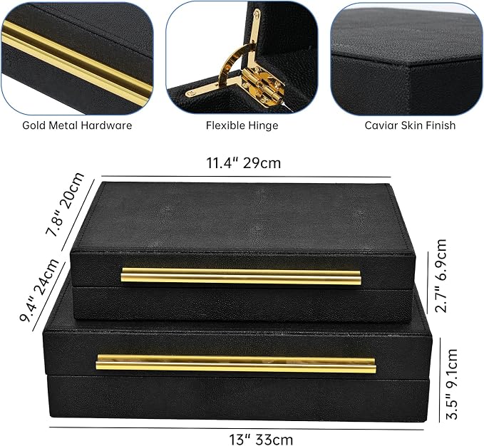 DECOR4SEASON Faux Shagreen Leather Jewelry Boxes Set of 2 with Gold Handles | Decorative Organizer Storage Box for Rings, Earrings, Watches, Dresser, Vanity, Stackable, Black