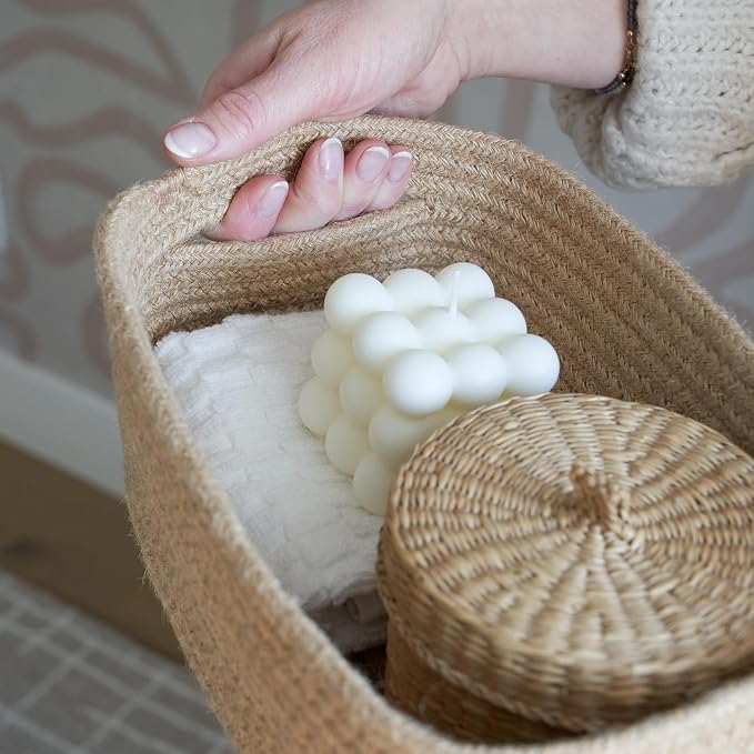 Beautiful Storage Basket Set of 3 - Sturdy Jute Rope Baskets for Shelves | Perfect for Organizing Your Home - Quality Storage Bins Easily Fit with Any Nursery or Bedroom Decor