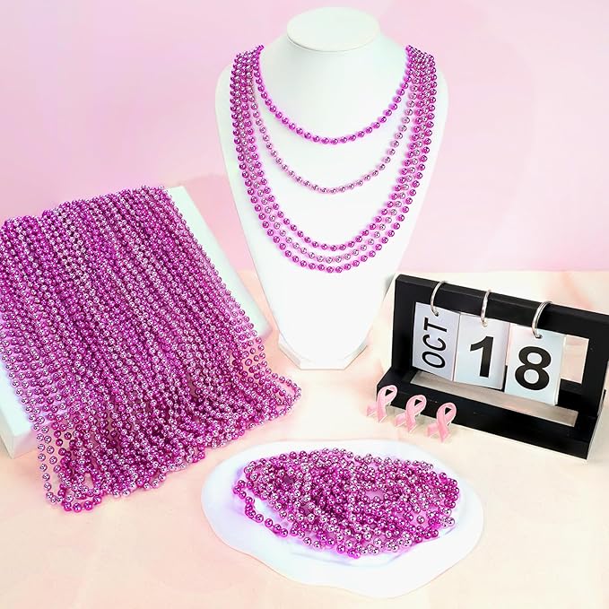 SHAOQINLIN 12 PCS Breast Cancer Awareness Beads Necklaces, Hot Pink Bead Necklace, 33" Breast Cancer Awareness Beads Accessories for Parade Supplies
