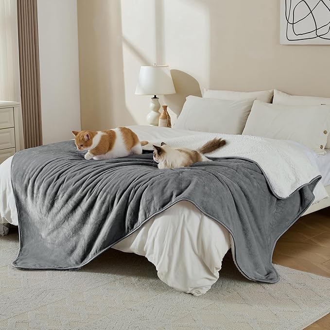 Soft Waterproof Blanket for Bed Couch Sofa, Grey, 50x60 inches | Liquid Pee Proof Pet Blanket for Dog Puppy Cat, Reversible Sherpa Fleece Blanket for Couch Cover, Furniture Protector
