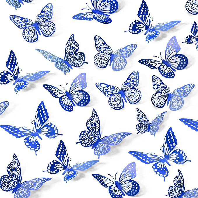 SAOROPEB Butterfly Wall Stickers, 48 Pcs 4 Styles 3 Sizes, Metallic Paper, Removable, Navy Blue, Art Deco Decor for Wall | 4 Styles 3 Sizes, Butterfly Birthday Decorations Butterfly Party Decorations Cake Decorations, Removable Stickers