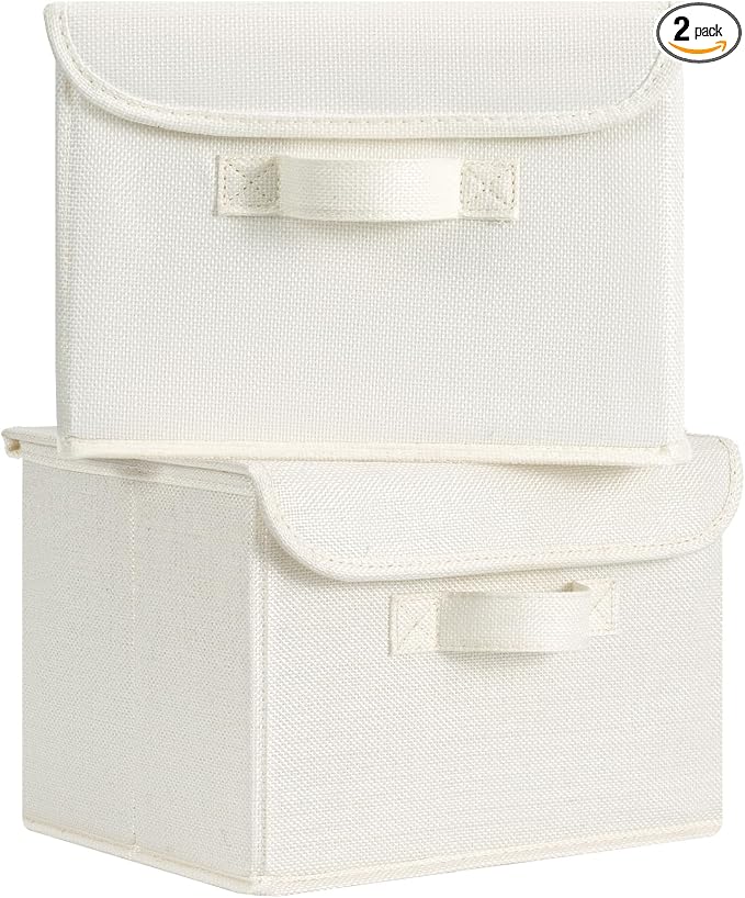 GRANNY SAYS Memory Keepsake Storage Box, Fabric Storage Bins with Lids | Flip-Top Lid, Collapsible, Stackable, 3 Handles, Ideal for Closet Clothes Blanket Toys, Small, Ivory White, 2-Pack