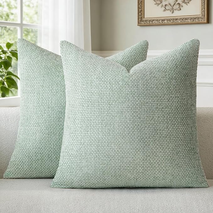 a moment Light Green Chenille Throw Pillow Covers 16x16 Inch Pack of 2 Modern Decorative Throw Pillow Covers Farmhouse Cross Covers Home Decor for Sofa Bedroom Living Room