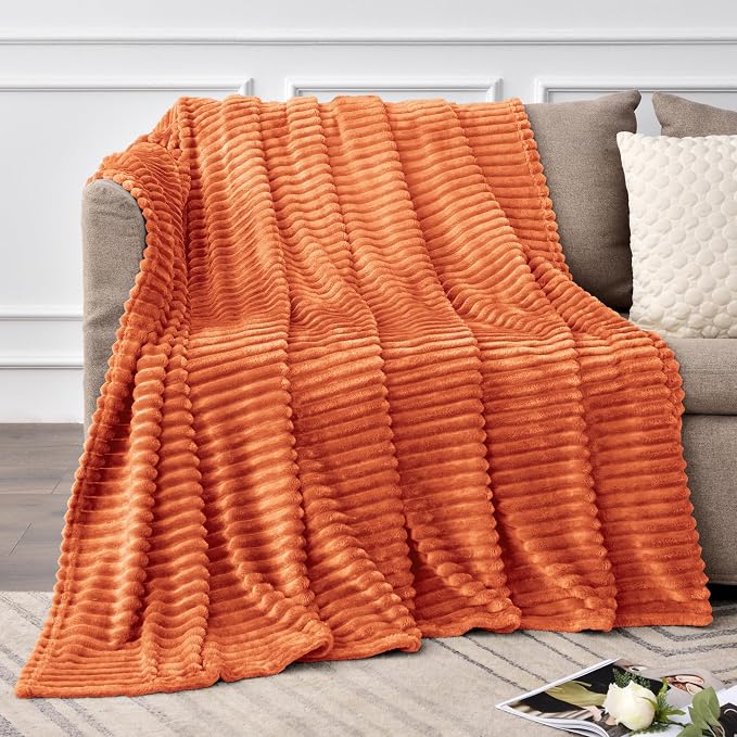 BEDELITE 3D Ribbed Burt Orange Fleece Twin Fall Blanket for Bed, 60x80 Inch | Soft Warm Decorative Fluffy Blanket, Cozy Plush Lightweight Fuzzy Throw Blanket for Couch Sofa Fall Decor, Gift for Women