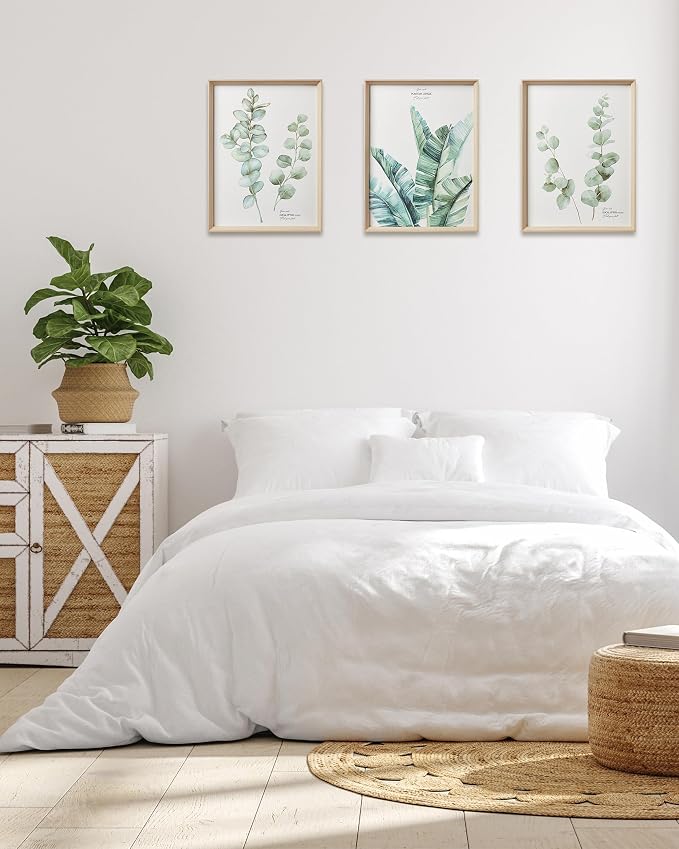 12x16IN Green Plant Eucalyptus Leaf Framed Wall Art, Set of 3 | Minimalist Botanical Canvas Prints for Living Room, High-Framed Wood Design Flower Artworks Poster for Bathroom Bedroom