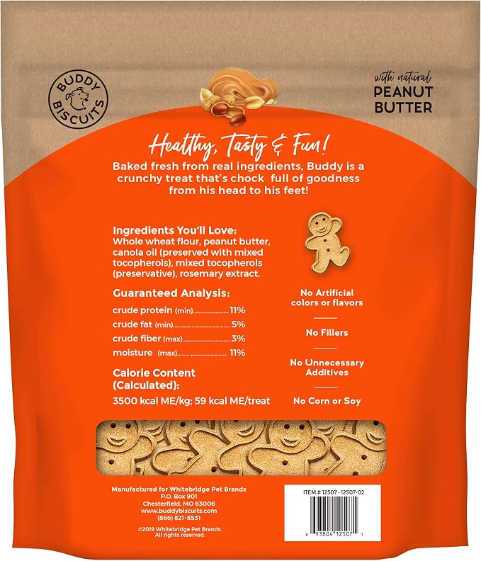 Buddy Biscuits Crunchy Dog Treats, Peanut Butter, 3.5 lbs. Bag | Made with Natural Peanut Butter, Free of Corn, Soy, Artificial Flavors, Oven Baked in the USA, Healthy Whole Grains
