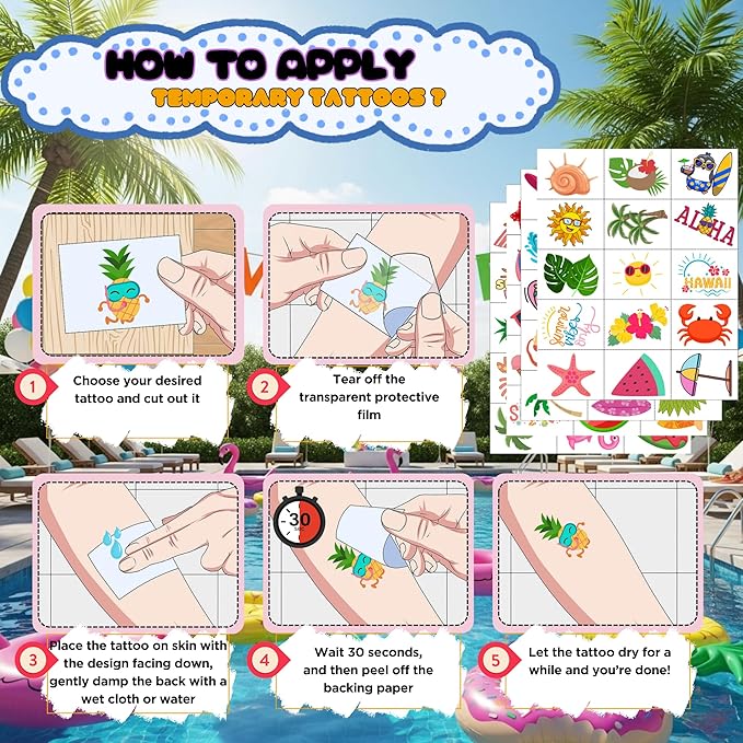 Summer Temporary Tattoos - 60Pcs Summer Party Decorations Gift Idea For Kids Youth Boy Girl Adult Beach Sea Summer Party Favors Accessories Aloha Party Supplies Hawaii Theme Luau Pool