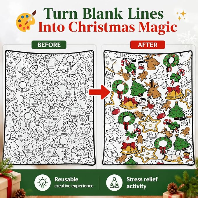 DIY Coloring Blankets with 24 Colors Markers for Adults (95 - Christmas) | Custom Color In Your Own Blankets With 24 Colors Markers, Snuggle Color Sketch Washable Blankets Kit Home Decor