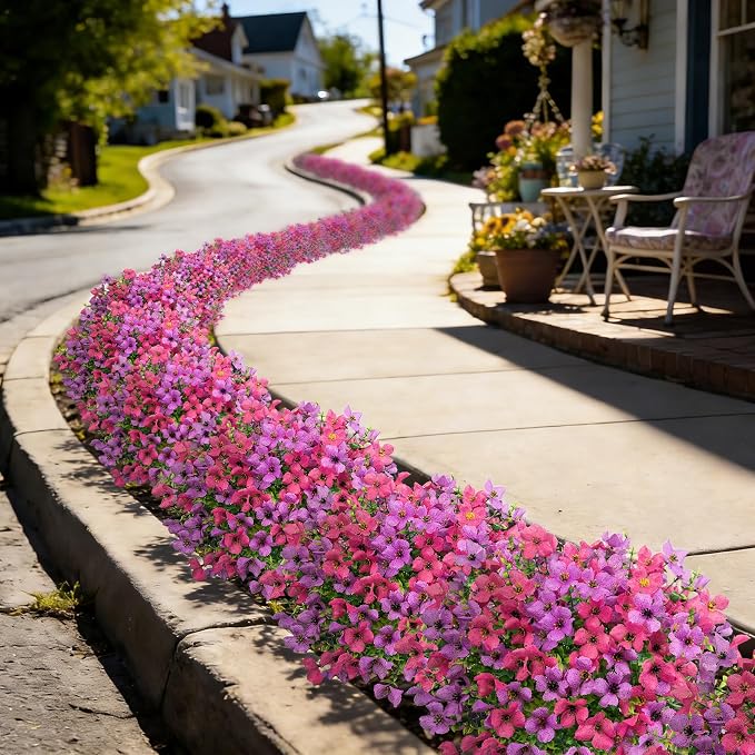 16 Pcs Artificial Flowers for Outdoors Decor, Purple & Rose Red | Realistic, silk flowers, faux plastic plants, UV resistant, for summer garden porch window vase indoor outdoor home decor