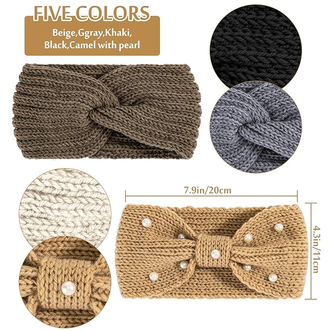 Whaline 5 Pieces Winter Knit Headbands Chunky Knit Headbands,4 Elastic Turban Head Wraps and 1 Pearl Crochet Hair Band, Ear Warmer Crochet Head Wraps for Women Girls (Gray & Brown Colors)