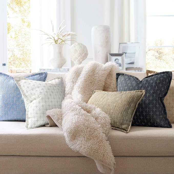 Pillow Covers 24x24 Set of 2 Soft Polyester Textured Pillow Covers with Stylish Flange Edge Cozy Farmhouse Throw Pillows for Couch Bed Sofa Living Room