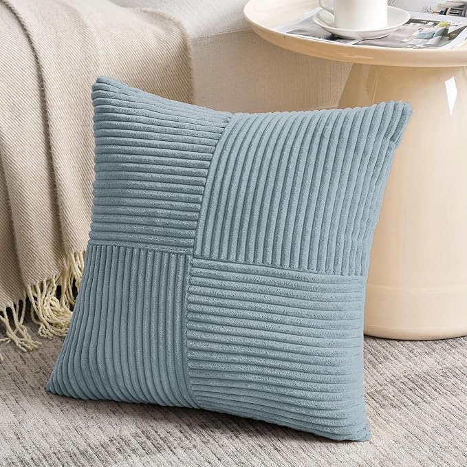Fancy Homi Set of 1 Light Blue Square Decorative Throw Pillow Covers 14x14 Inch for Living Room Bedroom Couch Bed Sofa, Soft Striped Corduroy Modern Rectangle Accent Cushion Case 35x35 cm