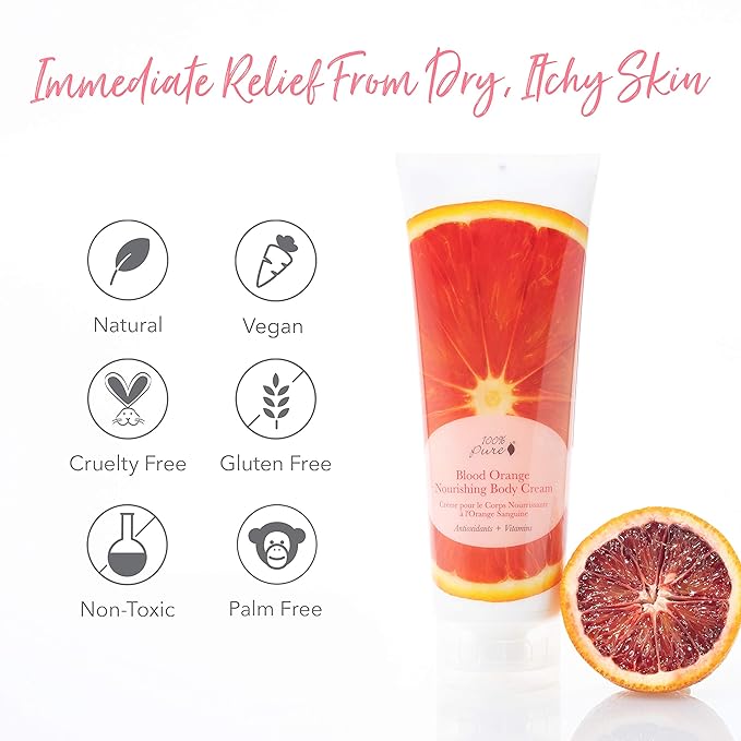 100% PURE Nourishing Body Cream Blood Orange Lotion Luxurious Botanical Dry Skin Hydration & Replenishment, Natural Anti-Aging Moisturizer & Skincare for All Skin Types Women & Men - Vegan - 8 oz