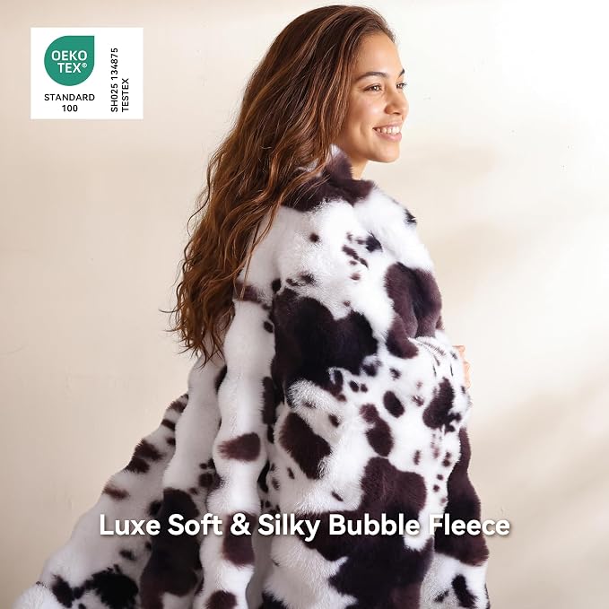 Faux Rabbit Fur Throw for Couch - Cow Brown Bubble Blanket 60"x80" | Fluffy Plush Fuzzy Throw for Sofa & Bed, Super Soft Cozy Comfrt Blanket, Luxury Aesthetic Cow Print Decor Gift for Women