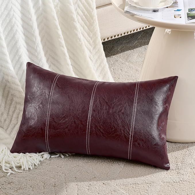 Fancy Homi Burgundy Lumbar Waterproof Faux Leather Decorative Throw Pillow Covers 12x20 Inch for Living Room Couch Bed, Modern Farmhouse Boho Home Decor, Wine Red Hand Stitched Cushion Case 30x50 cm