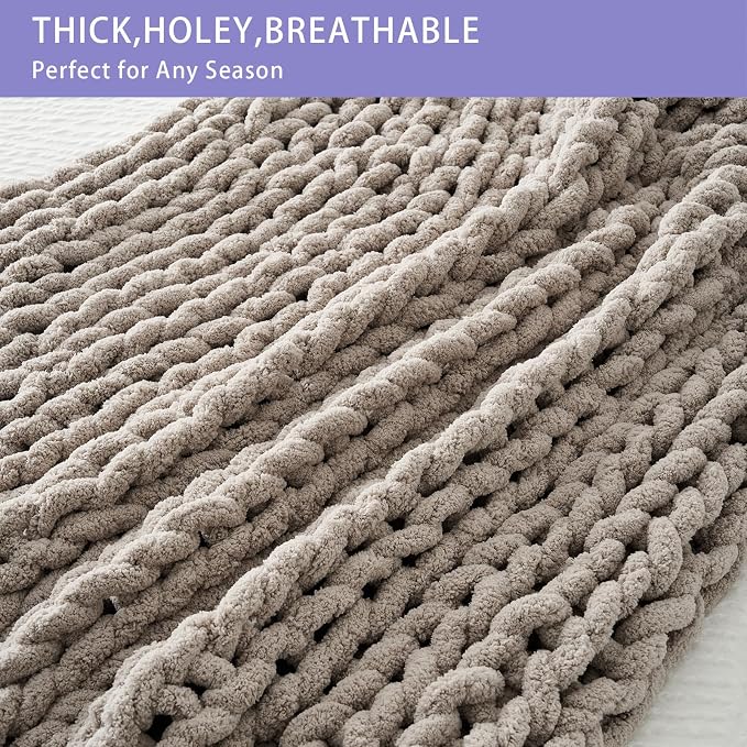 Bigacogo Chunky Knit Throw Blanket for Couch, 40x60 inches, Taupe | Hand Knit with Jumbo Chenille, Soft Breathable Cable Knit for Sofa Bed Living Room, Machine Washable, Gift for Mom Friend