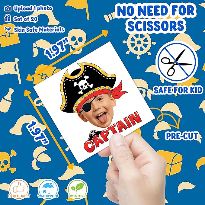 Custom Pirate Temporary Tattoos for Kids - Personalized Pre-Cut Face Photo Tattoos - Fun Birthday Party Favors for Boys, Pirate Fans - Set of 20 Unique Celebration Gifts