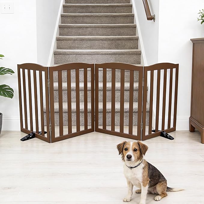 ZJSF Foldable Freestanding Indoor Dog Gate for House Wood Long Pet Gates Dog Fence for Stairs Puppy Gates for Hallways, Puppy Gate,Support Feet Included, Brown, 24 "Height-4 Panels