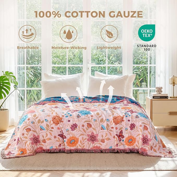 LUTBM Boho Throw Blanket for Bed 60"x80", All Season Cotton Couch Blankets | Reversible Floral Butterfly Embroidery, Lightweight Breathable Twin Quilt, For Chair Sofa Bedroom Living Room, Home Decor