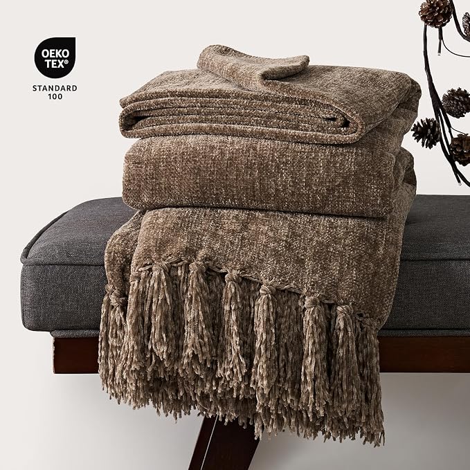 Chenille Knit Throw Blanket for Couch, 50"x60", Mocha Brown | Cozy Plush Fuzzy Knittd Throw with Tassels, Lightweight, Decorative, Farmhouse Decor, Ideal for Bed Sofa Gift, All Seasons