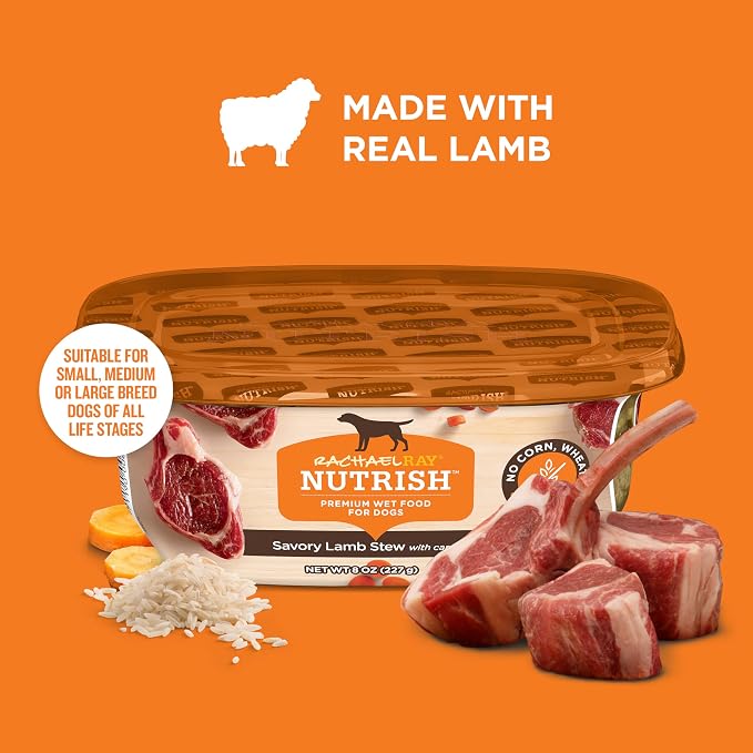 Nutrish Savory Lamb Stew Wet Dog Food, 8 oz. Tub (Pack of 8) (Rachael Ray) | Made with Carrots & Brown Rice, No Artificial Flavors, No Added Corn, Wheat or Soy Ingredients & No Poultry By-Product Meal