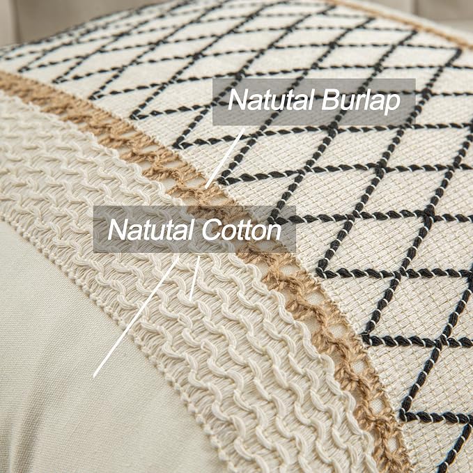 Throw Pillow Covers 16 x 16 Inch 1PC for Farmhouse Living Room, Cotton & Burlap Textured Striped Woven Boho Pillow Covers (Beige & Black Grid)