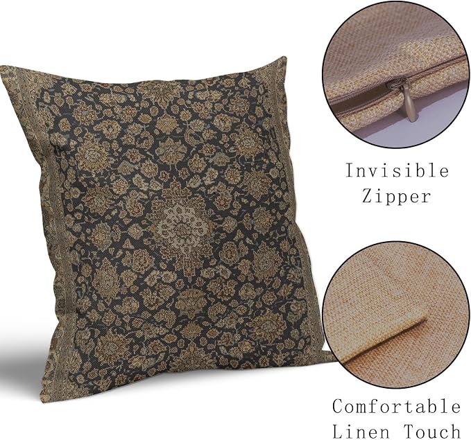 Vintage Boho Carpet Brown Black Pillow Covers 16x16 Inch Set of 2 Antique Bohemian Floral Print Linen Throw Pillow Cases Outdoor Linen Cushion Cover Farmhouse Decor for Bedroom Home Sofa Couch Bed