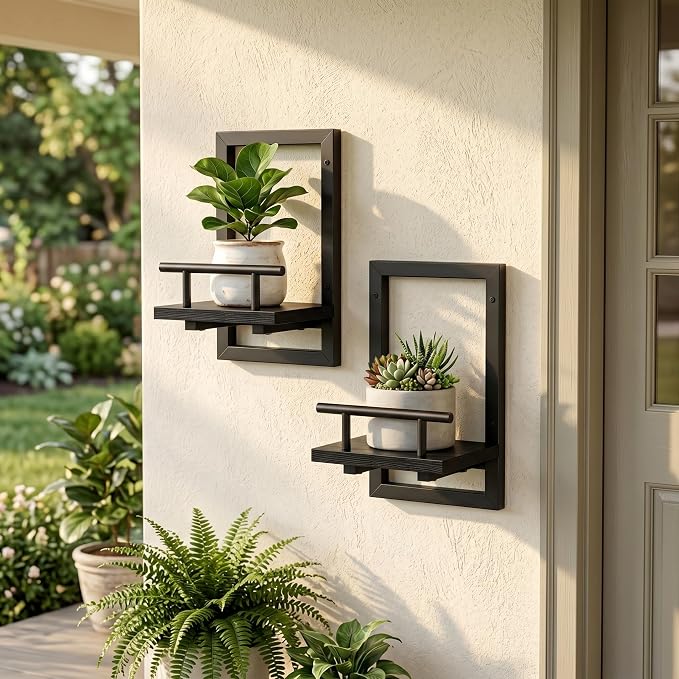 Sbosbo Floating Shelves for Wall Plant Shelf Indoor Wall Mounted Shelves | Wall Planters for Indoor Floating Plant Shelves for Bedroom, Living Room, Kitchen, Office, Bathroom Decor (Black, 2 Pack)