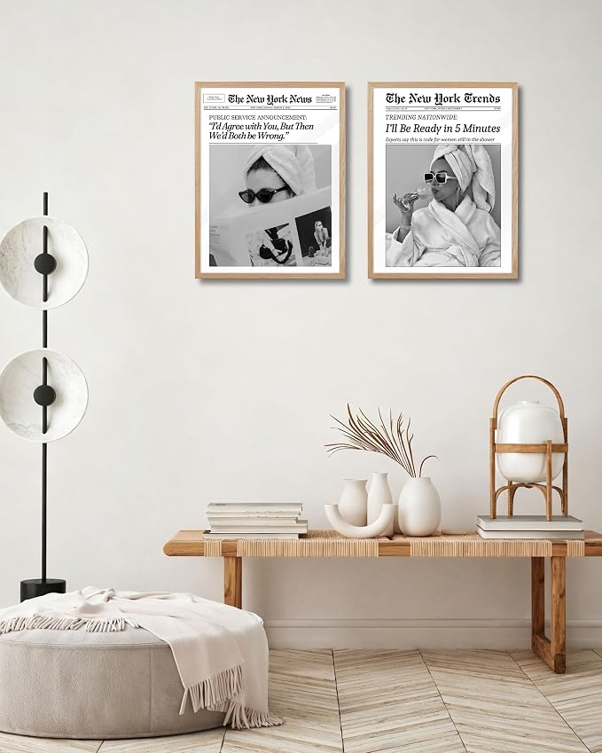 EcoHest 12x16 in I'll Be Ready in 5 Minutes Newspaper Framed Wall Art | Natural Oak Wood Frame with Canvas Wall Art, Feminist Newspaper Wall Decor for Bathroom, Bedroom, Apartment, Dorm Room, 1Pack