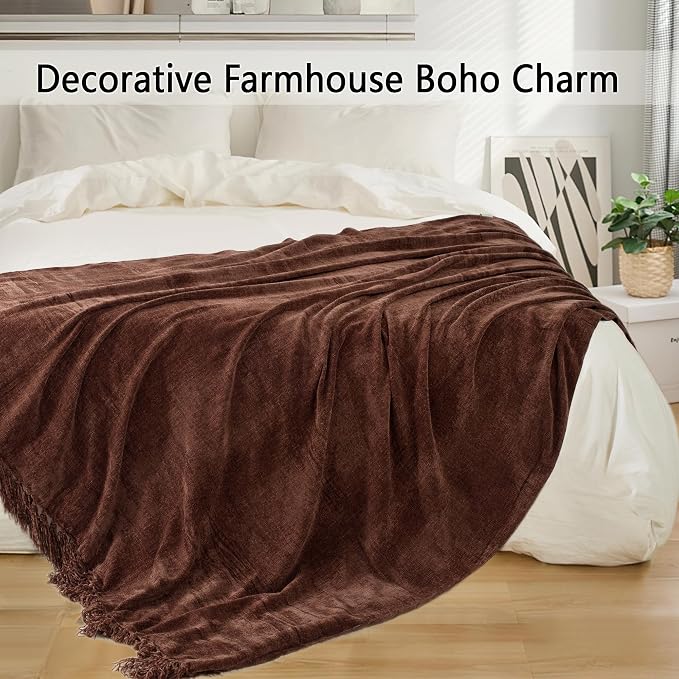 Chenille Throw Blanket for Couch 60" x 80" Twin, Dark Brown | Soft Cozy Warm Throws with Fringe Tassel Living Room Bed Sofa Chair Cover, Lightweight Knitted Boho Blankets Fall Decor