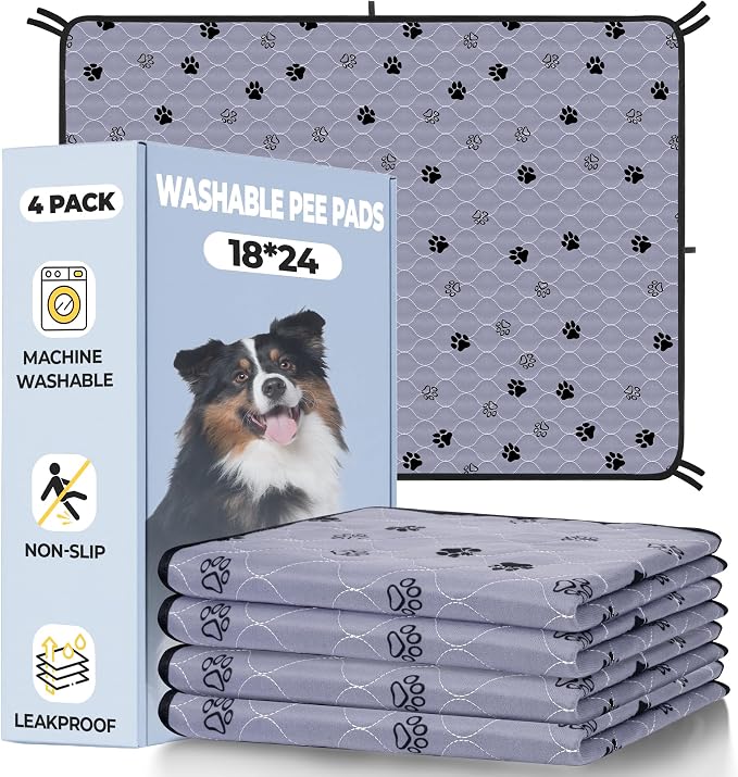 Fostanfly Washable Pee Pads for Dogs, Ultra-Absorbent, 18"x24"-4 Pack, Gray | Leak-Proof & Non-Slip, Reusable Potty Training Pads for Puppy, Playpen, Crate & Furniture With 8 Tie Straps