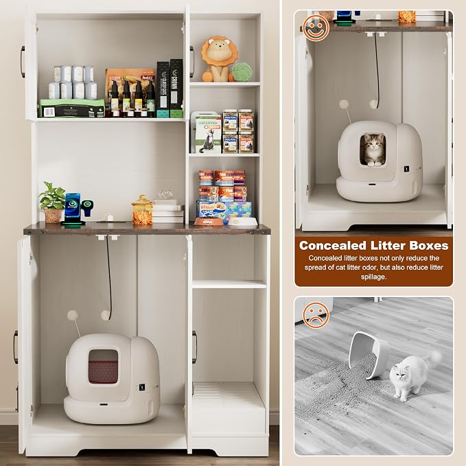 71Inches Tall Cat Litter Box Enclosure for Cats W/Power Outlets,Open Shelves.Wooden Pet Washroom Furniture W/Locks,Cabinet.Indoor Cats House,Hidden Cat Litter Box for Living Room,Bedroom(White-3)