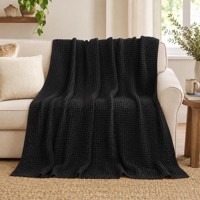 Waffle Knit Throw Blanket, Black Chenille Throw Blanket for Couch 50"x60" | Cozy Stylish Chunky Knitted Blanket, Ideal for Bed Sofa Men Home Decor,Modern Farmhouse Waffle Knit Texture