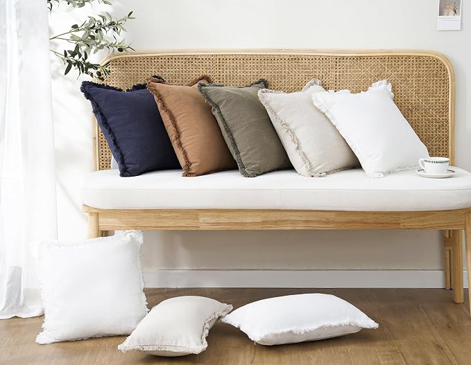 Foindtower Set of 2 Decorative Linen Fringe Throw Pillow Covers Cozy Boho Farmhouse Cushion Cover with Tassels Soft Accent Pillowcase for Couch Sofa Bed Living Room Home Decor,18×18 Inch,Khaki Brown