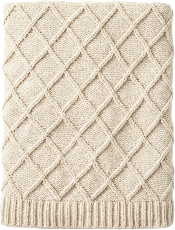 CREVENT Farmhouse Boho Knitted Throw Blanket for Couch Sofa Chair Bed Home Decoration, Soft Warm Cozy Light Weight for Spring Summer Fall (50''X60'' Chenille Ivory)
