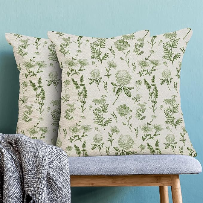 AEIOAE Sage Green Spring Pillow Covers 16x16 Inch Set of 2, Wild Flower Leaves Plant Throw Pillows Case,Seasonal Floral Outdoor Decorative Farmhouse Decor Cushion Covers for Home Sofa Bed Couch